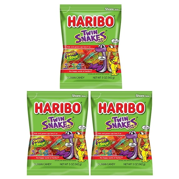 Haribo Sweet & Sour Snakes Pack 3 (5oz Bags) Gummi Candy Peg Bag for Movies, , Easter, and More in a Bulk Bag