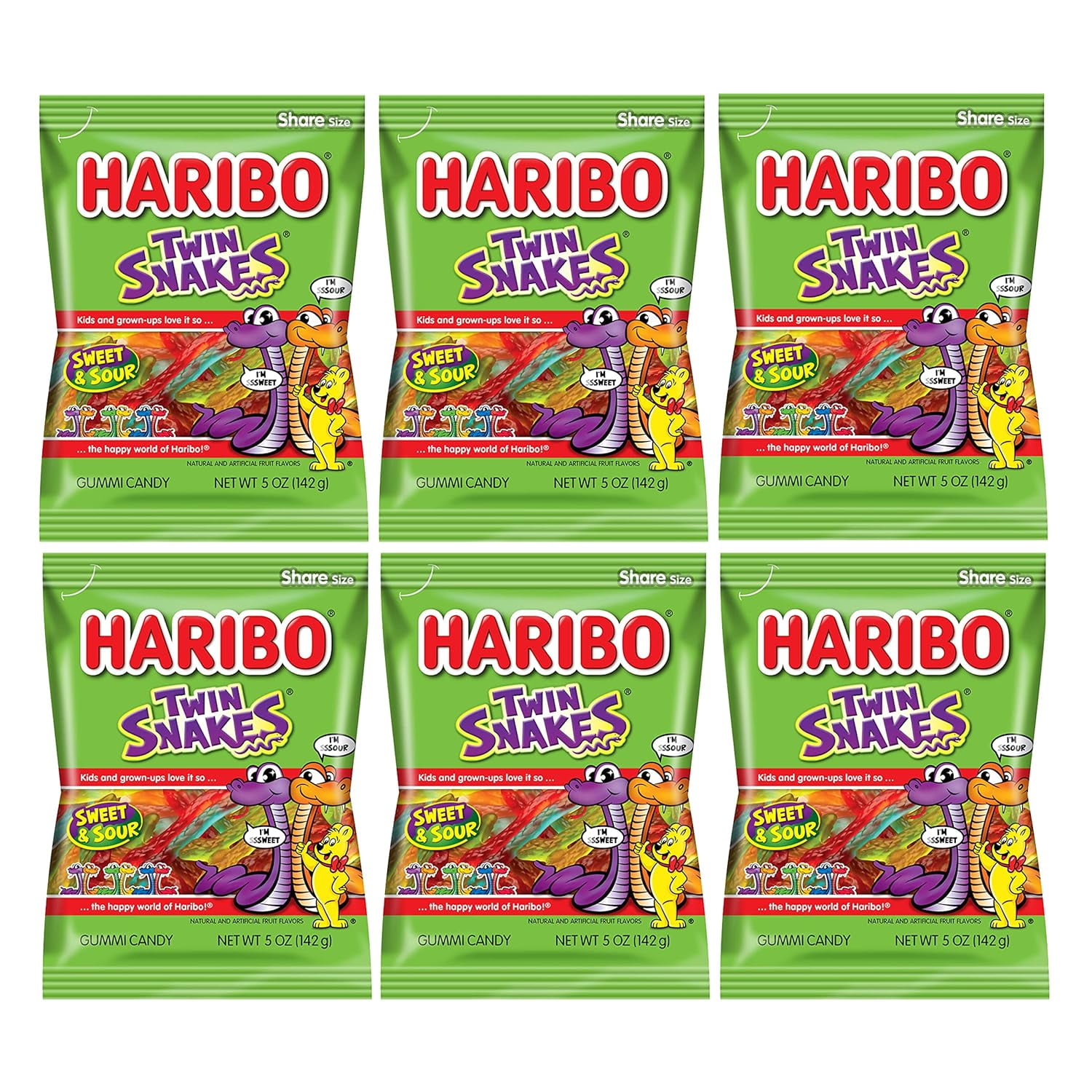 Haribo Sweet & Sour Snakes Pack 6 (5oz Bags) Gummi Candy Peg Bag for