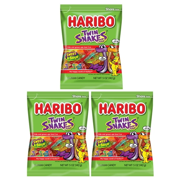 Haribo Sweet & Sour Twin Snakes Pack of 3 (5oz Bags) Gummi Candy Peg Bags
