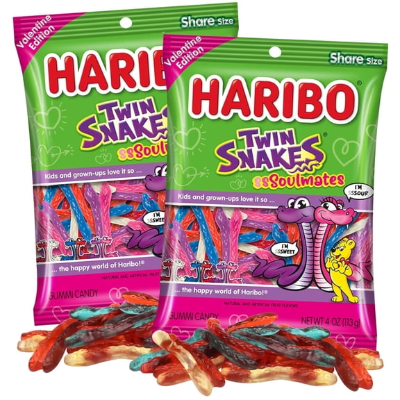 Haribo Twin Snakes Valentine's Edition, Sweet and Sour Flavored, Gift Basket Candy, 4 Ounces Each, Pack of 2
