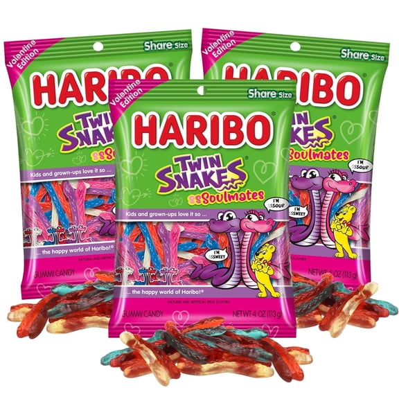 Haribo Twin Snakes Valentine's Edition, Sweet and Sour Flavored, Gift Basket Candy, 4 Ounces Each, Pack of 3