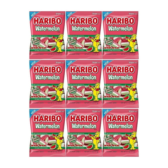 Haribo Watermelon Gummi Candy Pack 9 (4.1oz Bags) Juicy Three-Layered Fruit Flavored For all occasions in a Bulk Bag