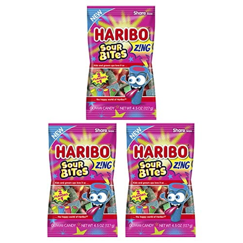 Haribo Zing Sour Bites Pack 3 Pack 4.5 oz Bags Flavor Sour Gummi