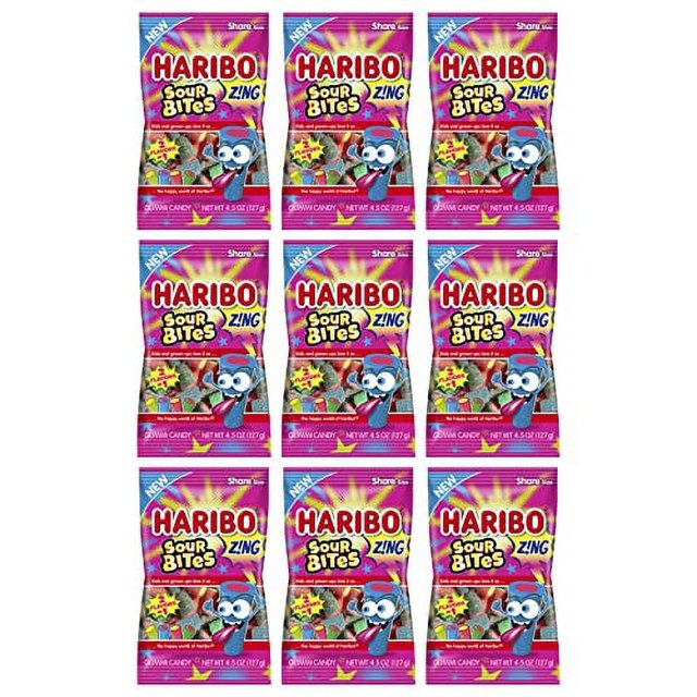 Haribo Zing Sour Bites Pack 9 Pack 4.5 oz Bags Flavor Sour Gummi