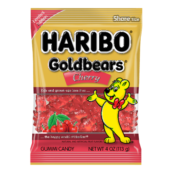 HARIBO Goldbears Limited Edition Gummies Cherry Flavored Red Gummy Bears, 4oz, Share Size Peg Bag
