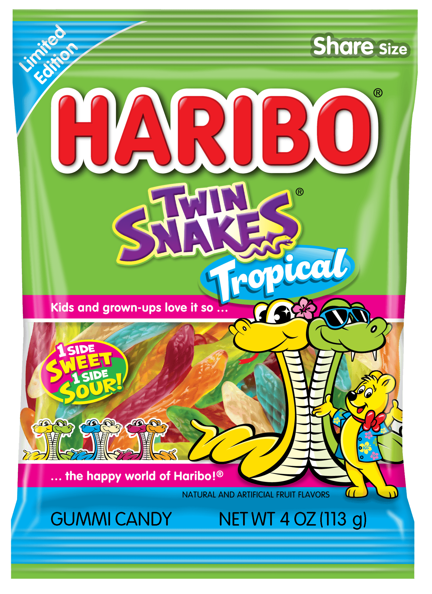 HARIBO Twin Snakes Tropical Gummies Assorted Flavored Gummy Candy, 4oz