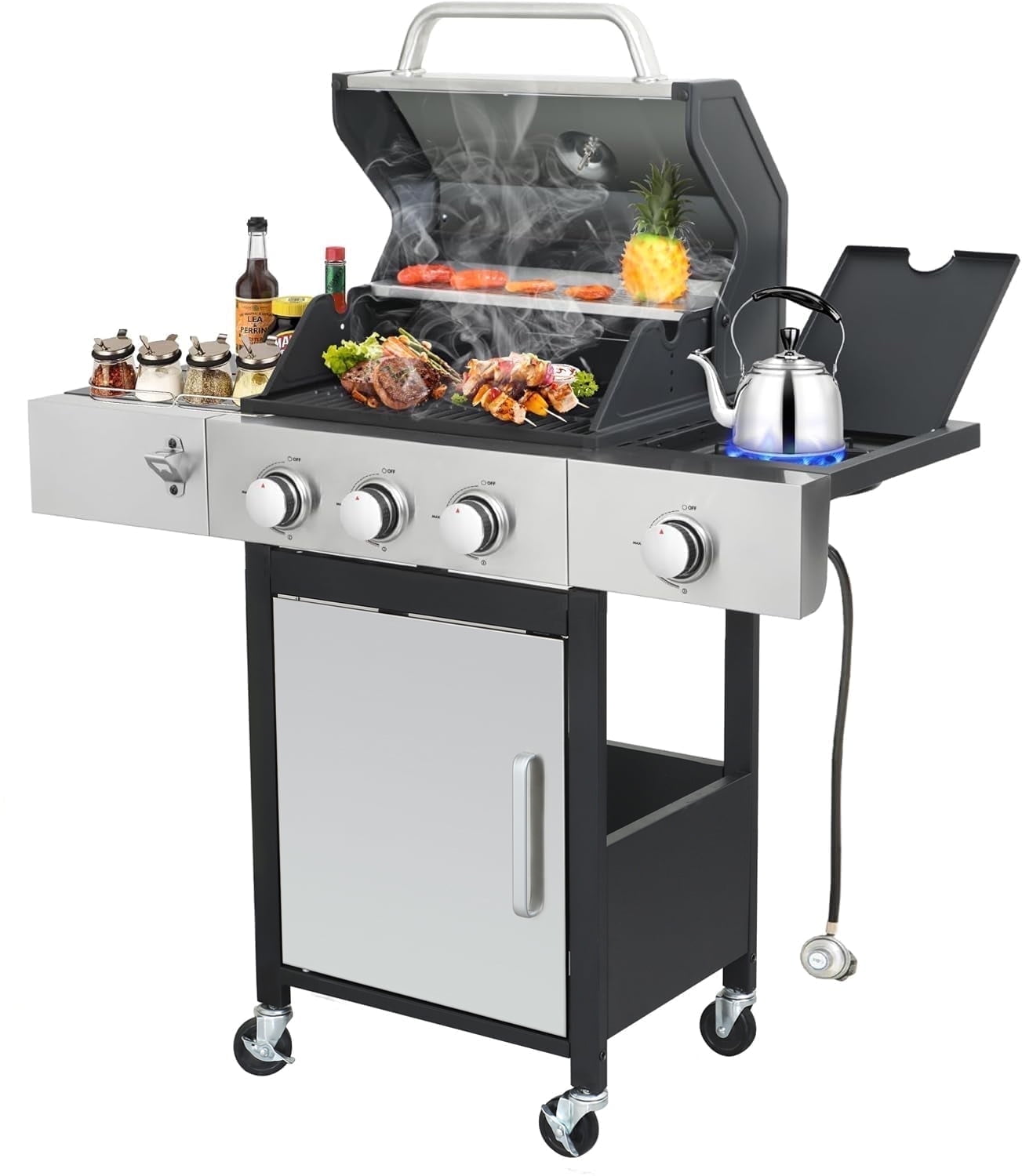 Walmart savings: Furnibear 3-Burner Gas Grill Side Burner, Propane Stainless Steel BBQ Grill with Porcelain-Enameled Cast Iron Grates, 37150 BTU Barbecue Grill for Outdoor Cooking