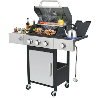 Furnibear 3-Burner Gas Grill Side Burner, Propane Stainless Steel BBQ Grill with Porcelain-Enameled Cast Iron Grates, 37150 BTU Barbecue Grill for Outdoor Cooking