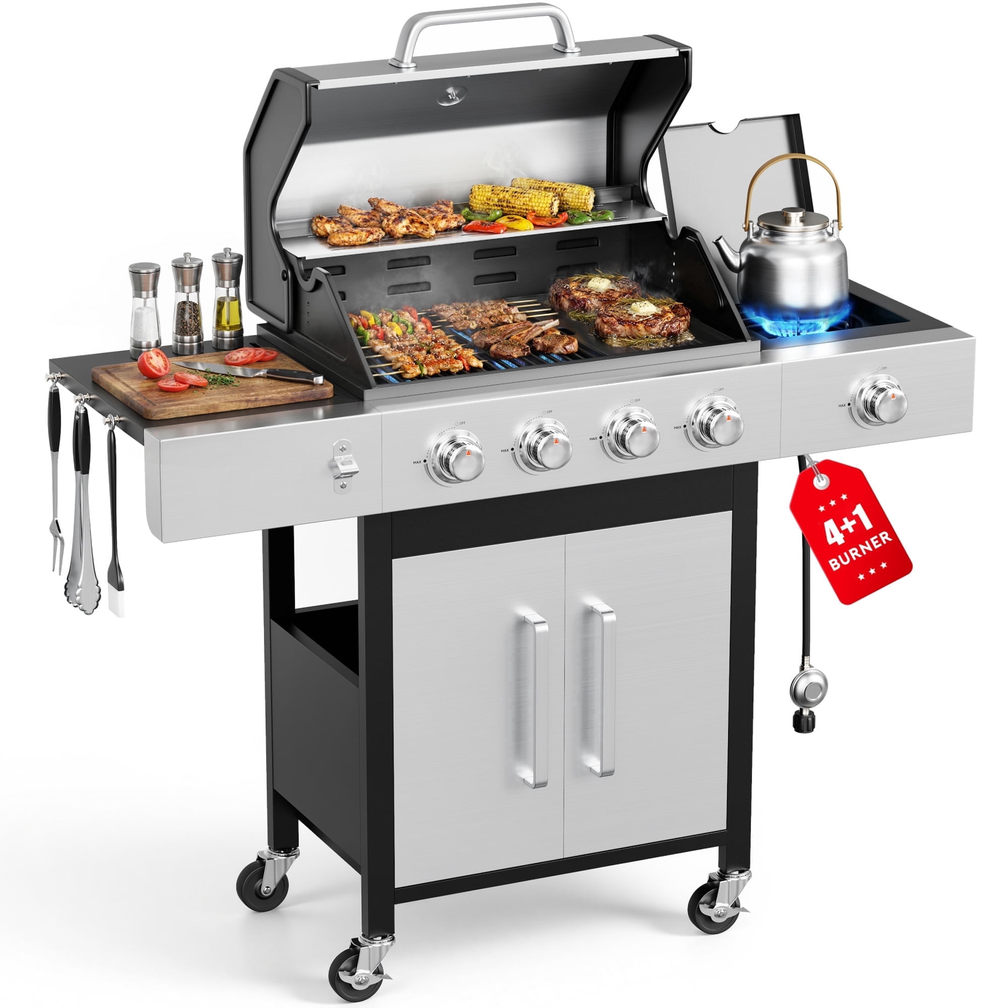 Biotree 4 Burner Gas Grill with Side Burner, 50800 BTU Barbecue Grill Propane Stainless Steel BBQ Grill with Porcelain-Enameled Cast Iron Grates for Outdoor Cooking