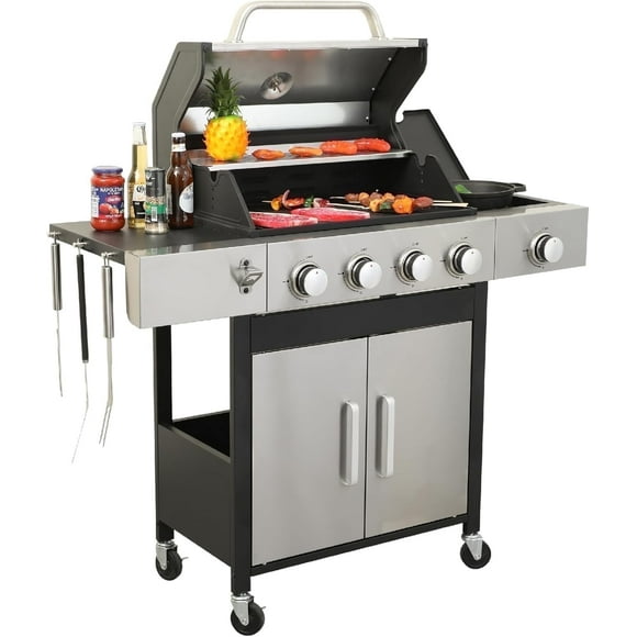 Furnibear 4 Burner Gas Grill Side Burner, 46790 BTU Barbecue Grill Propane Stainless Steel BBQ Grill with Porcelain-Enameled Cast Iron Grates for Outdoor Cooking