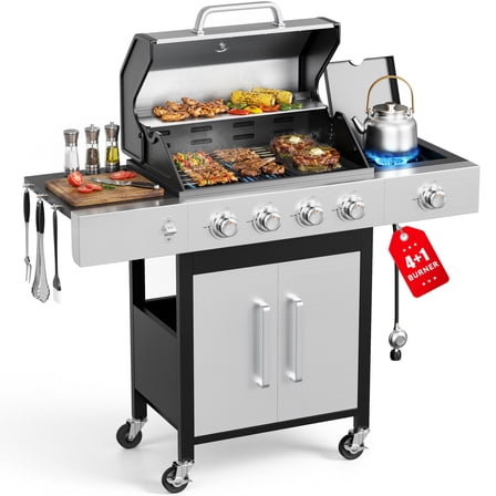Furnibear 4 Burner Gas Grill with Side Burner, 50800 BTU Barbecue Grill Propane Stainless Steel BBQ Grill with Porcelain-Enameled Cast Iron Grates for Outdoor Cooking