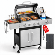 Biotree 4 Burner Gas Grill with Side Burner, 50800 BTU Barbecue Grill Propane Stainless Steel BBQ Grill with Porcelain-Enameled Cast Iron Grates for Outdoor Coo
