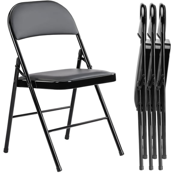 Furnibear 4 Pack Folding Chairs, Leather Padded Cushion Chairs with Comfortable Cushion Stainless Steel Frame for Home and Office, for Meetings, Gatherings, and Events, Black