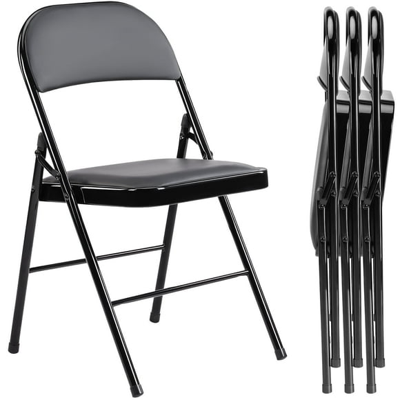 Furnibear 4 Pack Folding Chairs, Leather Padded Cushion Chairs with Comfortable Cushion Stainless Steel Frame for Home and Office, for Meetings, Gatherings, and Events, Black