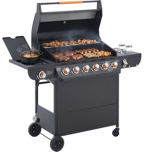 Harigal 6 Burner Propane Gas Grill 72000 BTU Stainless Steel Outdoor BBQ with Side Burner & Cast Iron Grates for Patio Backyard Kitchen