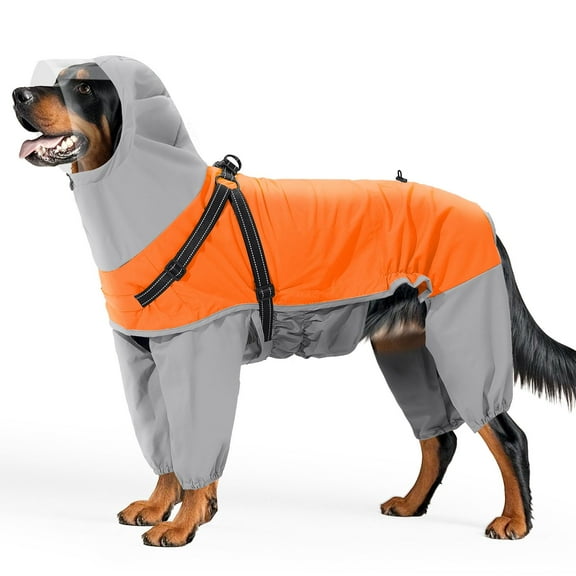 Harikaji 4-Legged Dog Raincoat Harness, Reflective Waterproof Full Coverage Dog Jacket, Adjustable Belly Strap Pet Rain Coat for Small Medium Large Dogs Orange XL