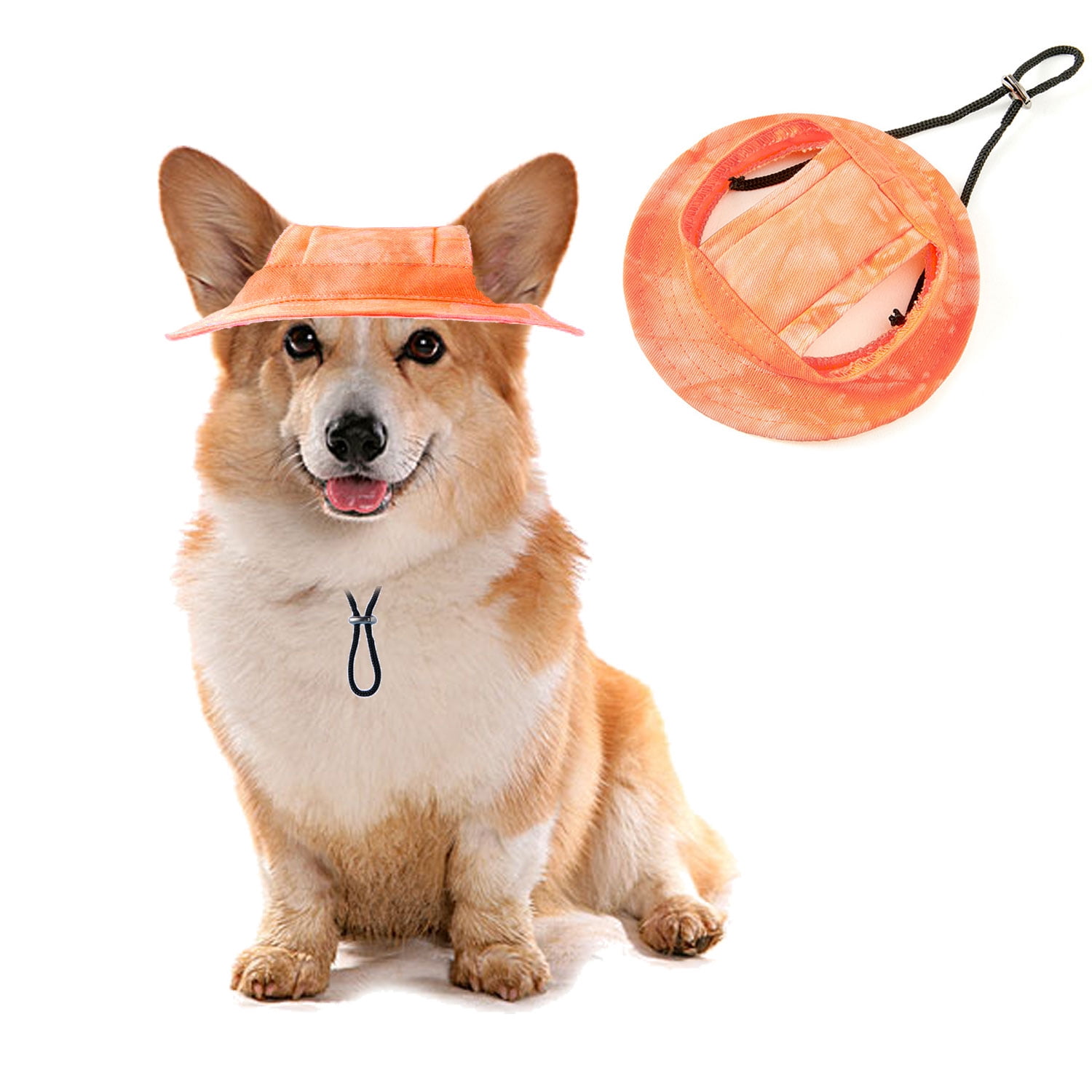 Harikaji Dog Bucket Hats, Dog Round Cap With Ear Hole, Adjustable Outdoor Travel Sun Protection Sport Hat For Cat Small Medium Dogs Orange S