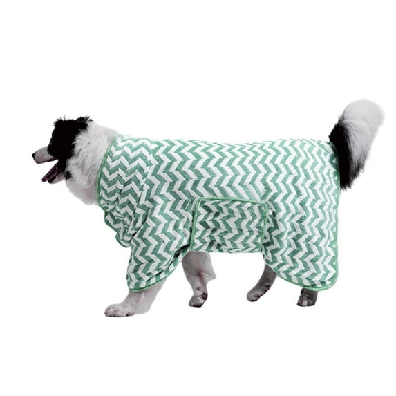Harikaji Fast-Drying Pet Bathrobe, Absorbent Dog Towel Robe with Hook-and-Loop Belly Fastener, Striped Towel Wrap for Small Medium Large Dogs Cats Green L