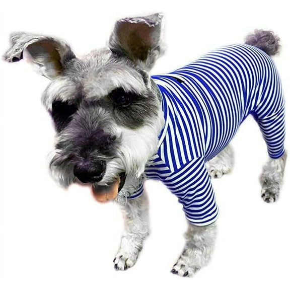 Harikaji Pet Clothes, Dog Striped Four-Leg Jumpsuit Cotton Pajamas Breathable Comfy Shirt Costume for Puppy Small Dog (Navy Blue,L)