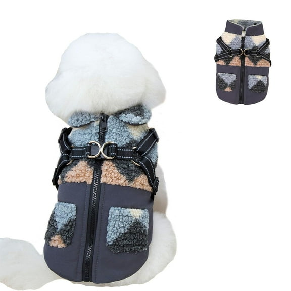Harikaji Small Dog Harness Jacket with Reflective Strip, Plush Fleece Dog Harness Cotton Jacket Vest, Pet Cold Weather Warm Outfit for Small Medium Large Dogs Dark Blue XS