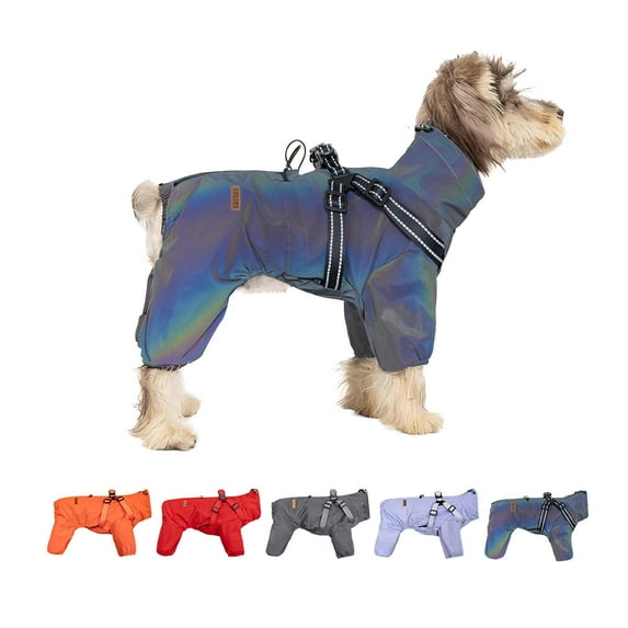 Harikaji Small Dog Raincoat Harness, Four-Legged Full Coverage Dog Raincoat, Waterproof 4-Legs Dog rain Jacket with Reflective Strip, Adjustable Puppy Waterproof Clothes Laser gray M