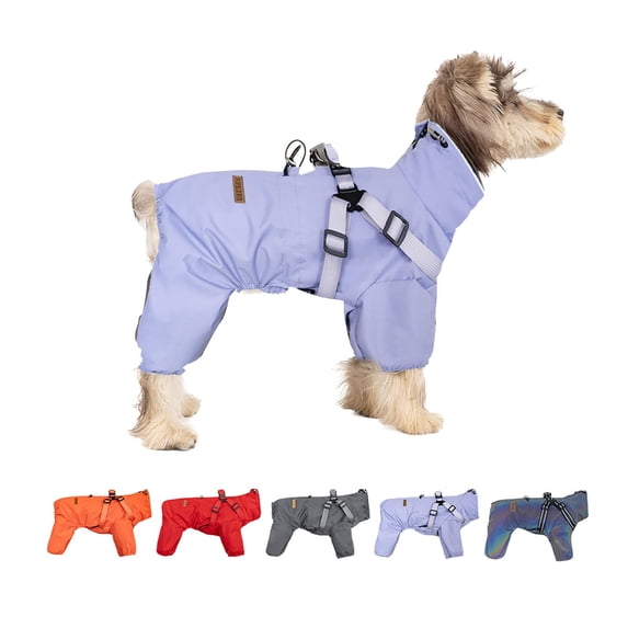 Harikaji Small Dog Raincoat Harness, Four-Legged Full Coverage Dog Raincoat, Waterproof 4-Legs Dog rain Jacket with Reflective Strip, Adjustable Puppy Waterproof Clothes Purple S
