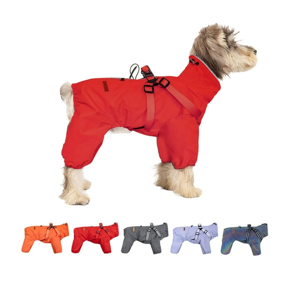 Harikaji Small Dog Raincoat Harness, Four-Legged Full Coverage Dog Raincoat, Waterproof 4-Legs Dog rain Jacket with Reflective Strip, Adjustable Puppy Waterproof Clothes Red 2XL
