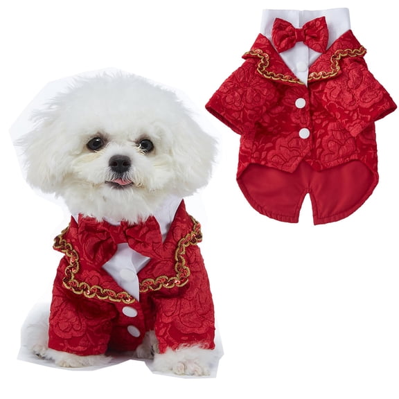 Harikaji Small Dog Tuxedo Outfit, Formal Dog Suit and Bandana Set, Dogs Prince Wedding Party Bow Tie Shirt Pet Wedding Attire for Small Medium Dogs Red Print XL