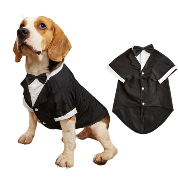 Harikaji Small Dog Tuxedo Suit with Bow, Dog Wedding Formal Suit with Leash Hole, Dog Festival Costume Coat Prince Gentleman Clothes for Small Medium DogsBlack M:Chest Girth 15.7",Weight 6-8LB