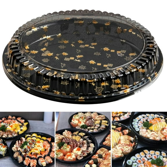 Hariumiu 10Pcs Round Sandwich Platter Trays with Lids Clear Pattern Printed Food-grade Durable Elegant Catering Trays Sushi Box