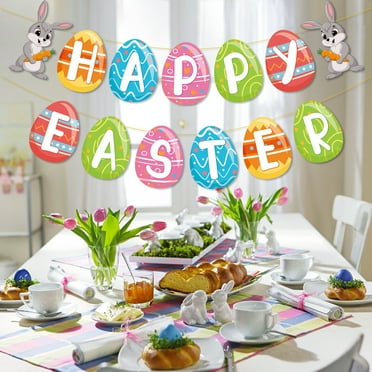 Hariumiu Happy 9.8ft Easter Banner Colorful Cartoon Bunny Egg Pattern HAPPY EASTER Letter Banner Easter Decorations Spring Decor Holiday Bunny Party Decor Supplies