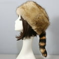 thumbnail image 1 of Hariumiu Hat Winter Hat Faux Fur Raccoon Tail Russian Round Flat Top Ear Thickened Autumn Winter Thermal Women Cap for Camping, 1 of 8