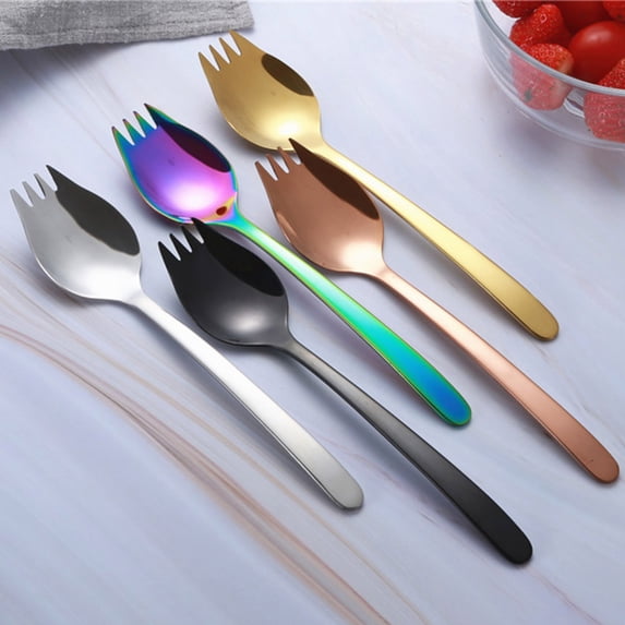 Hariumiu Kitchen 1/5 Pcs Sporks Stainless Steel, Salad Forks, Stainless Steel Sporks, 8.2 Inches Long Handle Dessert Spoons, Ice Cream Spoons Fork Reusable Fruit Appetizer Dessert Forks