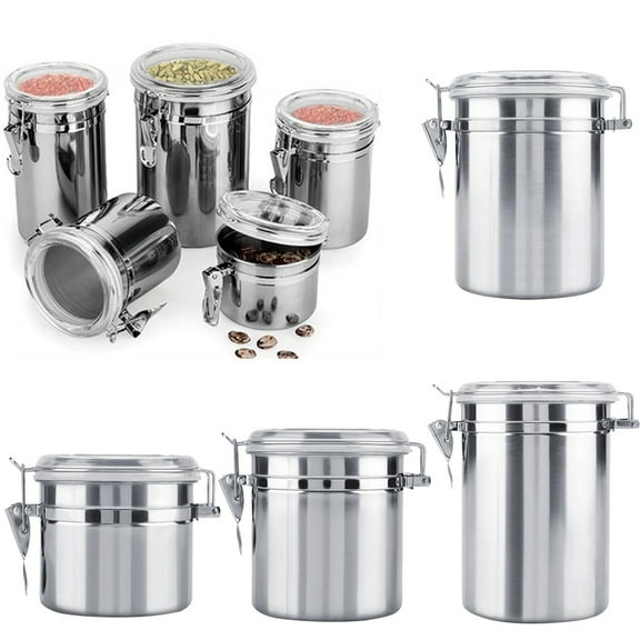 Hariumiu Kitchen Stainless Steel Canister Set with Clear Acrylic Lids Clamp Airtight Durable Stackable Food Storage Container for Kitchen Counter Pantry, Tea, Sugar, Coffee, Flour, Rice, Pasta