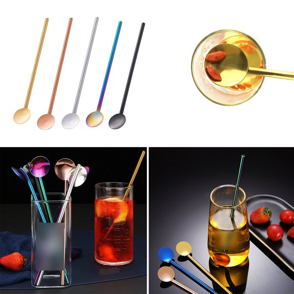 Hariumiu Straw Spoon Stainless Steel Long Drinking Straw Reusable Dual-Purpose Stirring Spoon for Home Bar Kitchen