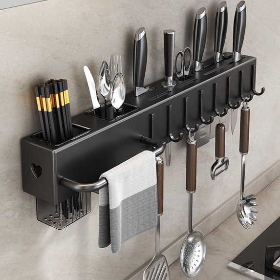 Hariumiu Wall-Mounted Cutter Storage Rack Carbon Steel Cutter Holder Organizer with Chopstick Spoon Fork Holder Load Capacity Utensil Organizer