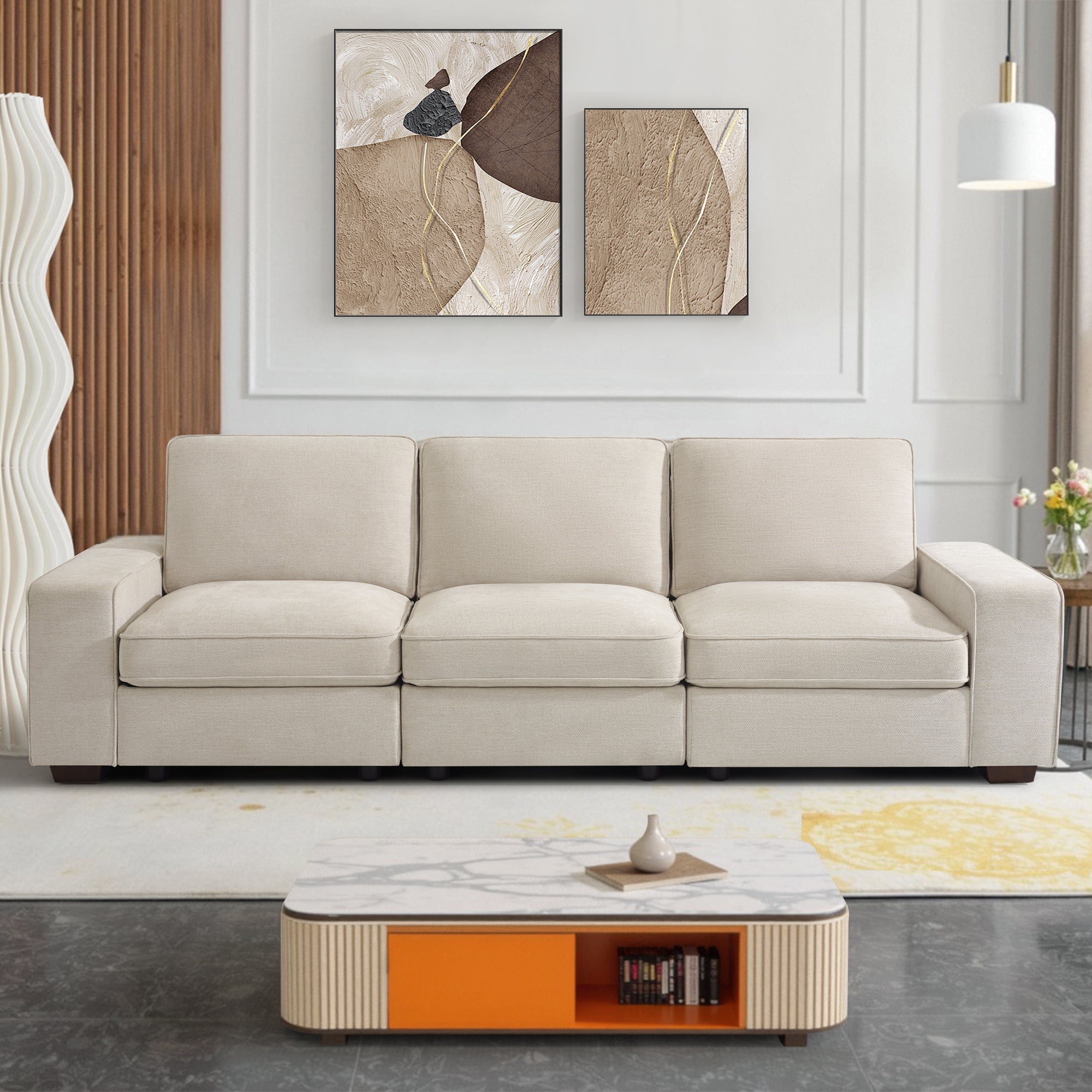 Beige Chenille Fabric 100" Modular Sofa with Storage and Pillow Back
