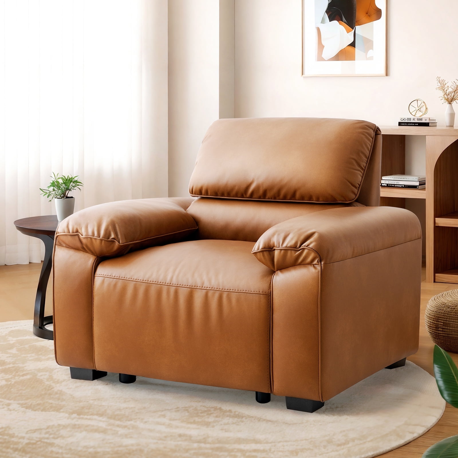 Harkawon 41" Luxury Mid-Century Single Armchair Sofa with Comfort Cushion for Living Room, PU Faux Leather Sofa Couch,Living Room,Brown