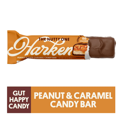 Harken, Peanut, Caramel & Chocolate Candy Bar, Added Sugar Free, 14g Fiber, Gut-Happy & Vegan Snack, Dairy Free, 1.41oz