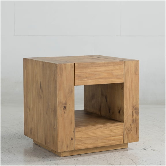 Harlan Oak Finish End Table with Storage Drawers, Mobile Rolling Side Table for Living Room