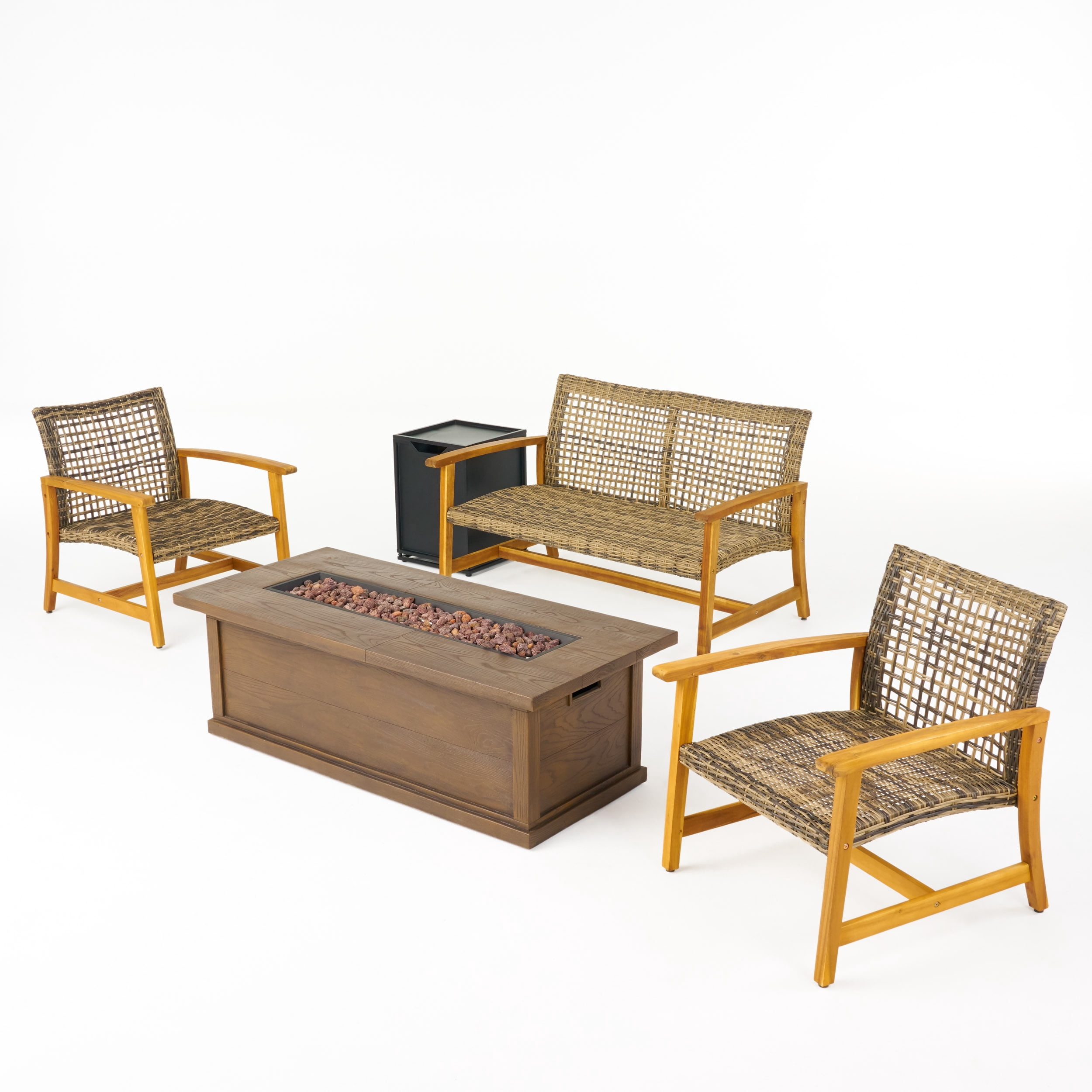 Harleigh Outdoor 5 Piece Wood and Wicker Chat Set with Fire Pit, Gray and Brown