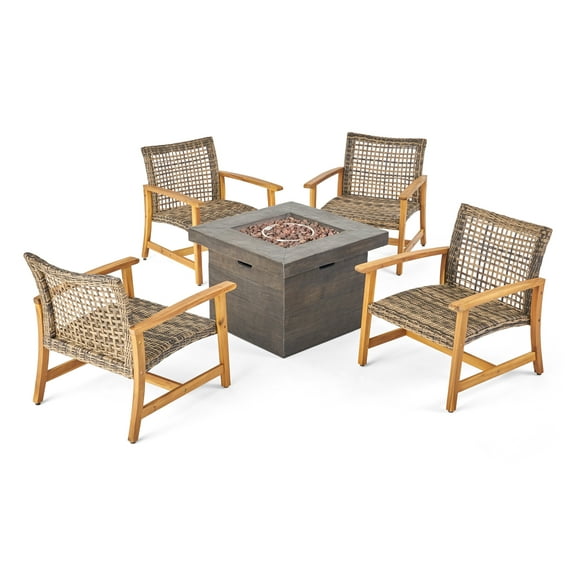 Harleigh Outdoor 5 Piece Wood and Wicker Club Chairs and Fire Pit Set, Gray and Brown