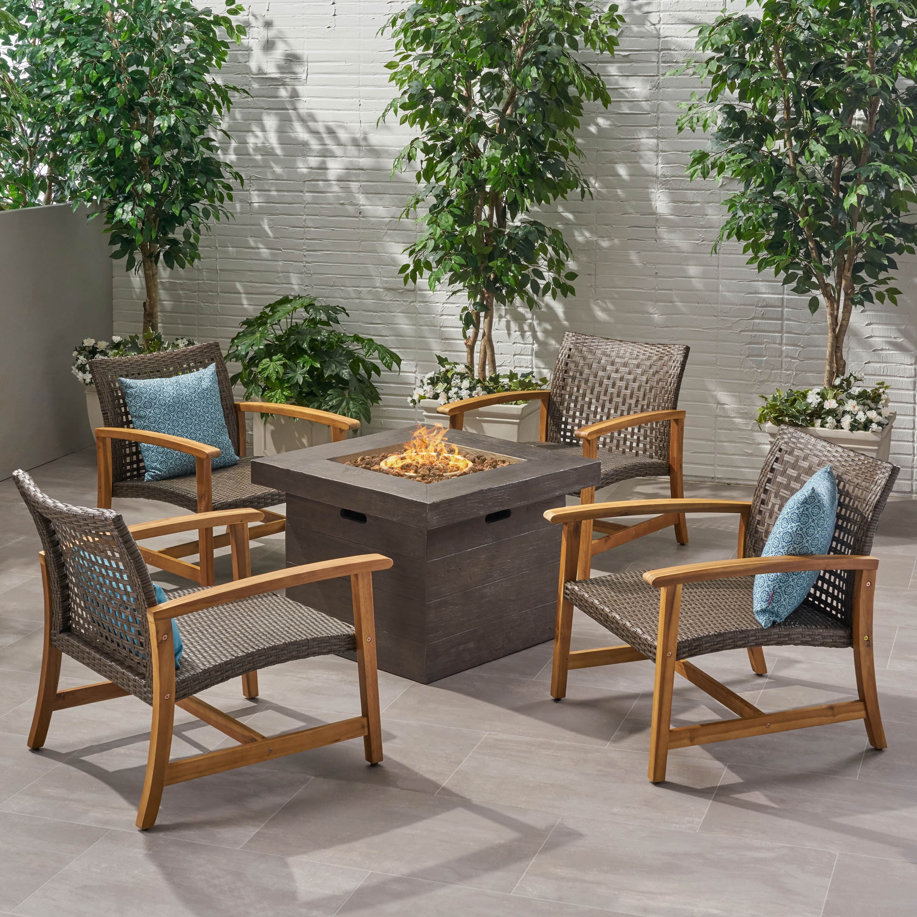 Harleigh Outdoor 5 Piece Wood and Wicker Club Chairs and Fire Pit Set, Mixed Mocha and Brown