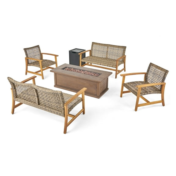 Harleigh Outdoor 6 Piece Wood and Wicker Chat Set with Fire Pit, Gray and Brown