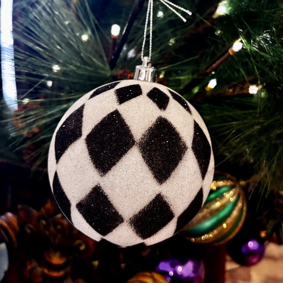 Harlequin Ball Ornament, Black and White Checker Design with Glitter, Mardi Gras, Holiday, Christmas Tree Decor
