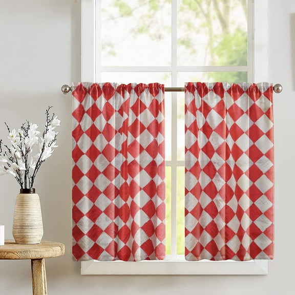 Harlequin Check Pintuck Taffeta Café Tier Curtains Window Treatment Kitchen Home Décor