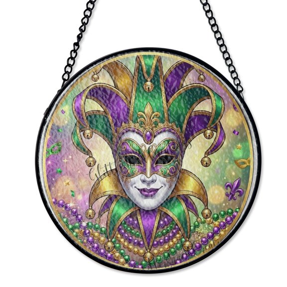Harlequin Jester Mask Suncatcher Stained Glass Style UV Printed Glass Carnival Party Round