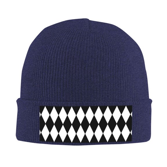 Harlequin Pattern Black And White Beanie Hat Knit Hat Skull Cap for Men Women Winter Hat Navy Blue