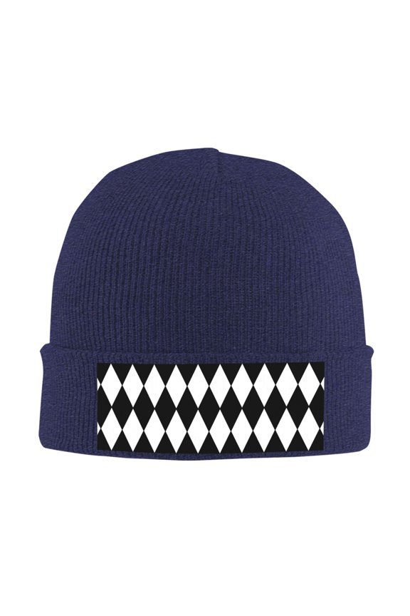 Harlequin Pattern Black And White Beanie Hat Knit Hat Skull Cap for Men Women Winter Hat Navy Blue