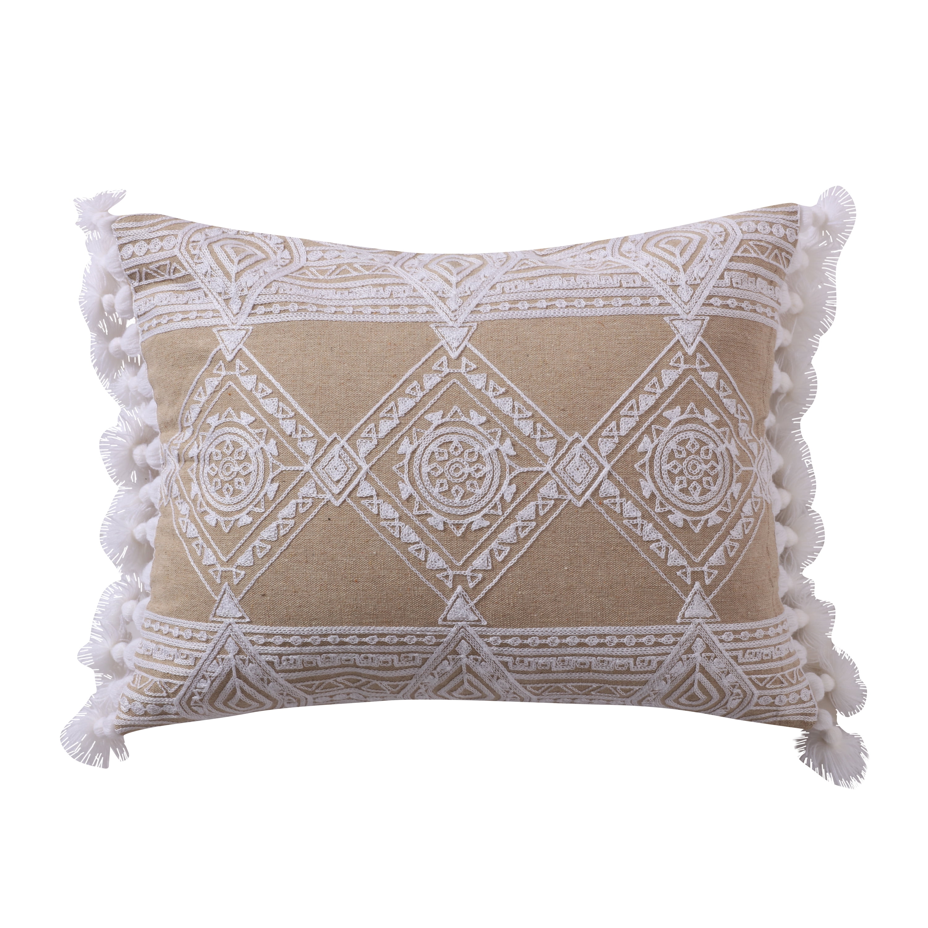Natural Tan and White Embroidered Ikat Tassel Pillow 14x18